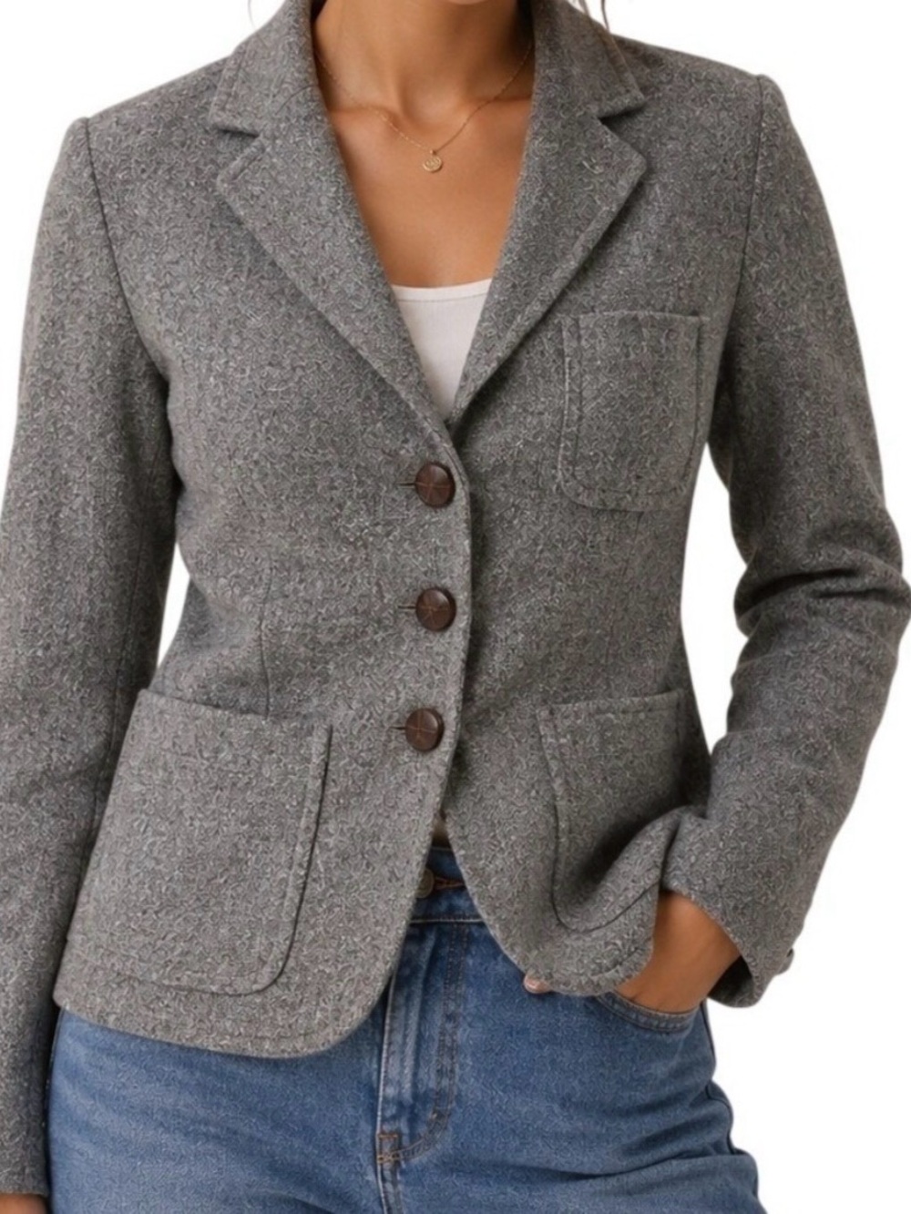 Wool Tweed Blazer Braided Leather Button Jacket Tailored Classic Style Size 6